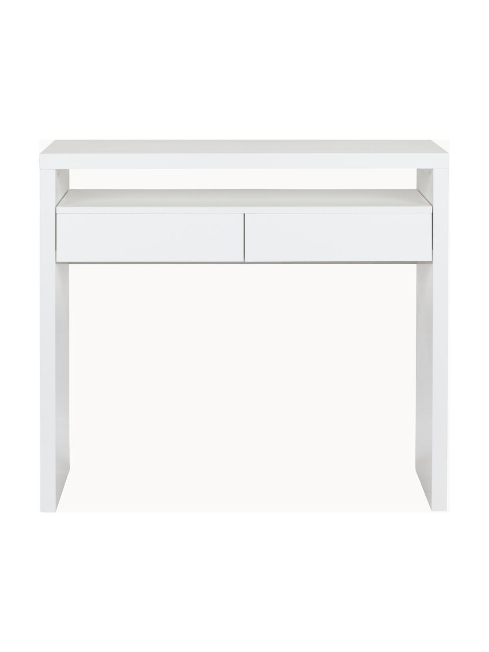 Escritorio estrecho extensible Teresa, Aglomerado con revestimiento de melamina (MFC), tablero de fibras de densidad media (MDF)

Este producto está hecho de madera de origen sostenible y con certificación FSC®., Blanco, An 100 x F 36 cm