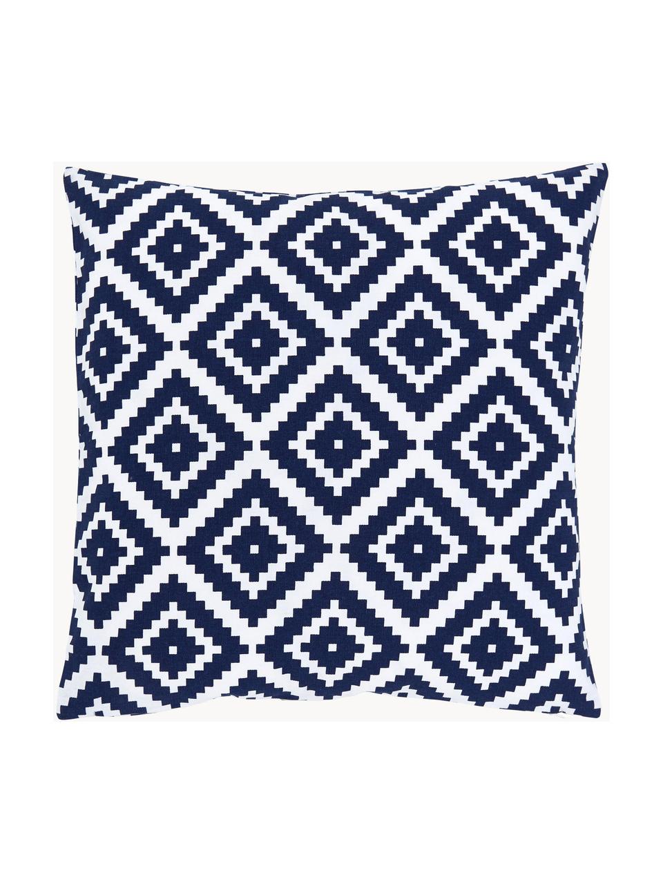 Housse de coussin 45x45 bleu foncé imprimé graphique Miami, 100 % coton, Bleu foncé, blanc, larg. 45 x long. 45 cm