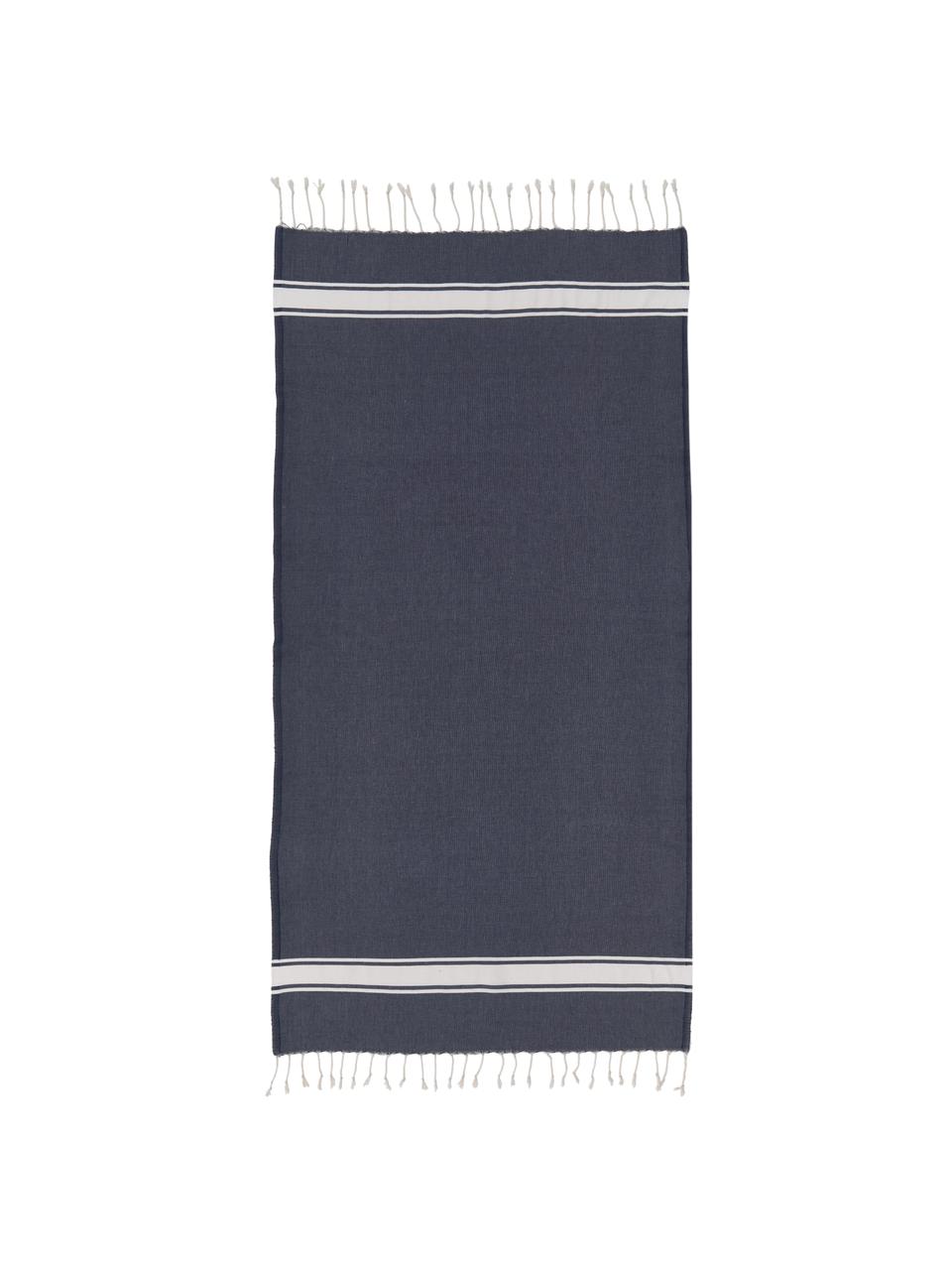 Fouta rayé à franges St Tropez, 100 % coton, Bleu foncé, blanc, larg. 100 x long. 200 cm