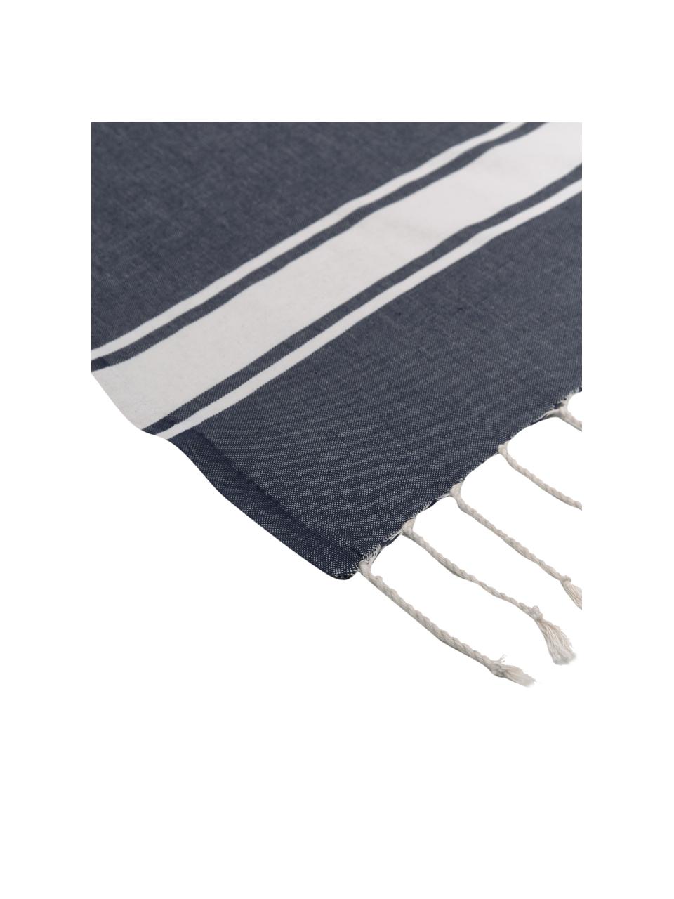 Fouta rayé à franges St Tropez, 100 % coton, Bleu foncé, blanc, larg. 100 x long. 200 cm