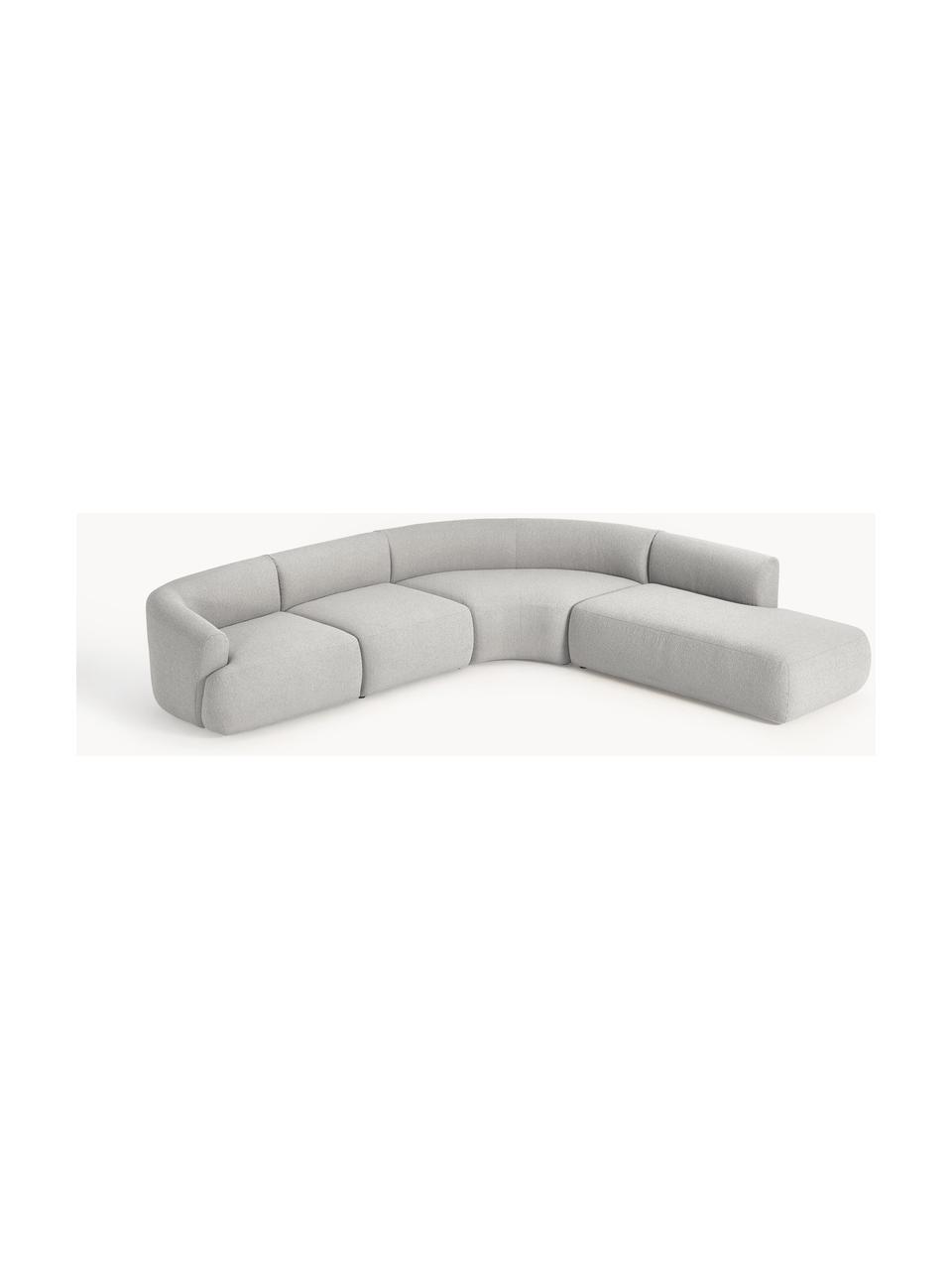 Narożna sofa modułowa bouclé Sofia (4-osobowa), Tapicerka: bouclé (100% poliester) D, Stelaż: drewno świerkowe z certyf, Nogi: tworzywo sztuczne, Jasnoszary bouclé, S 318 x G 298 cm, prawostronna