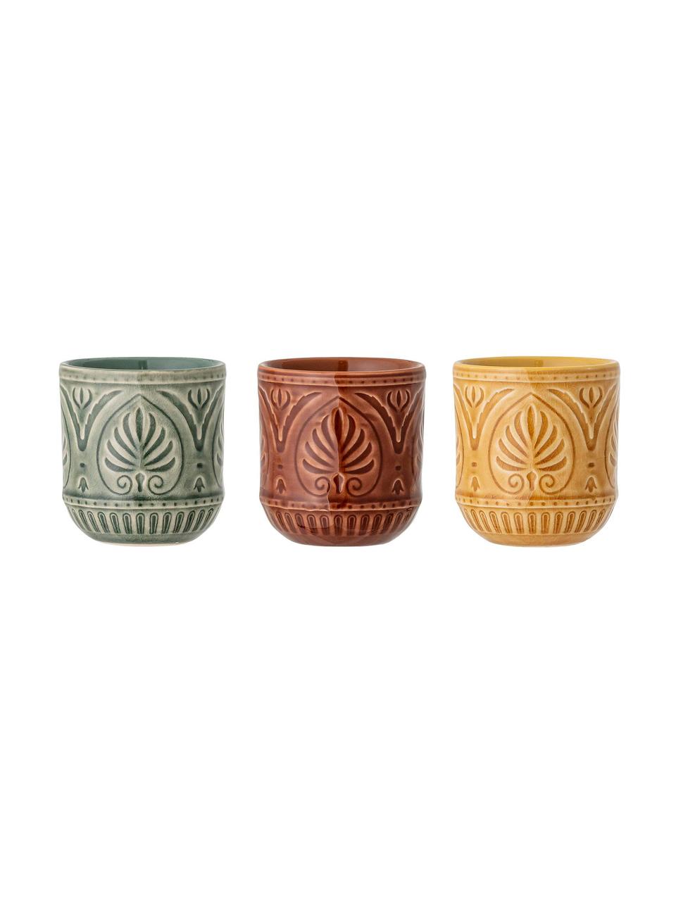 Ręcznie wykonany komplet kubków w stylu marokańskim Rani, 3 elem., Kamionka, Zielony, żółty, czerwony, Ø 8 x W 9 cm, 200 ml
