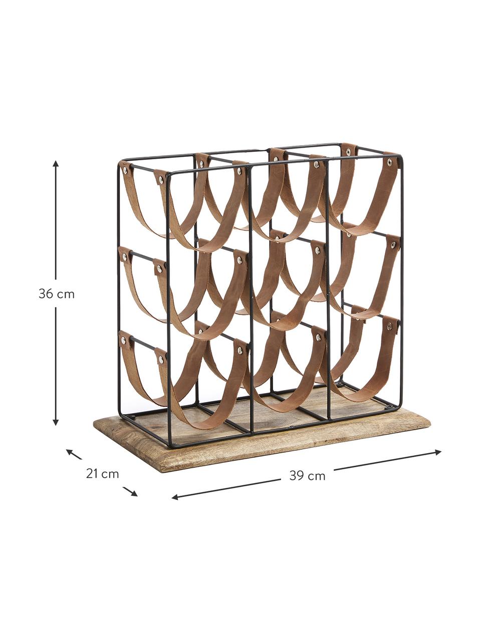 Wijnrek Mucia voor 9 flessen  met mangohout en leren banden, Frame: gecoat staal, Voetstuk: mangohout, Mangohout, zwart, B 39 x H 36 cm