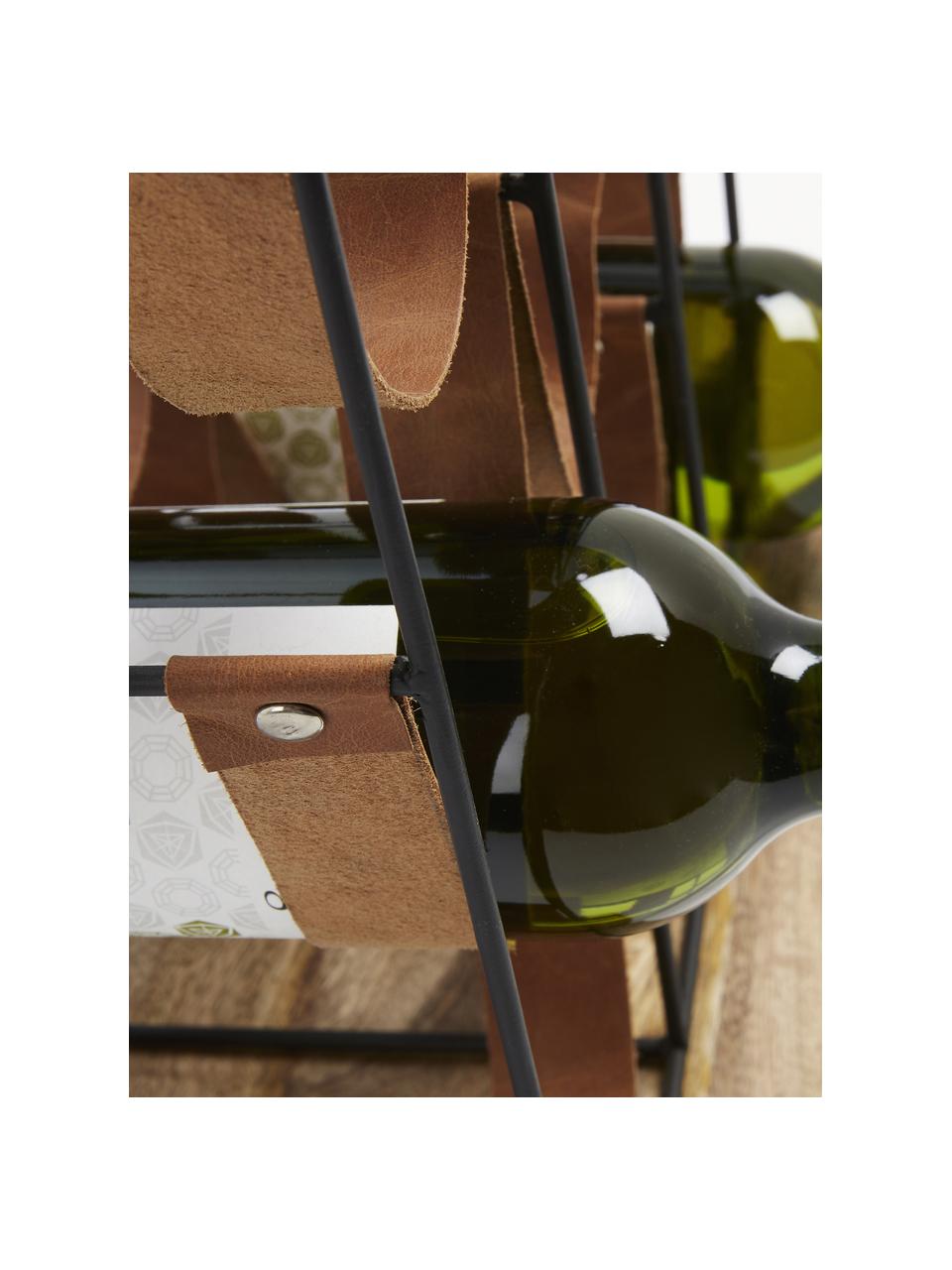 Portabottiglie in legno di mango e pelle per 9 bottiglie Mucia, Struttura: acciaio rivestito, Legno di mango, nero, Larg. 39 x Alt. 36 cm