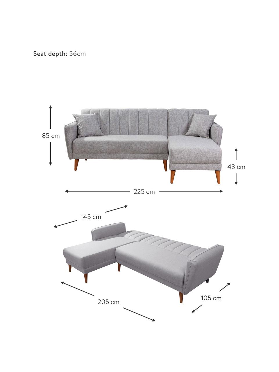 Divano letto 3 posti in tessuto grigio chiaro Aqua, Rivestimento: lino, Struttura: legno di corno, metallo, Piedini: legno, Grigio, Larg. 225 x Prof. 145 cm