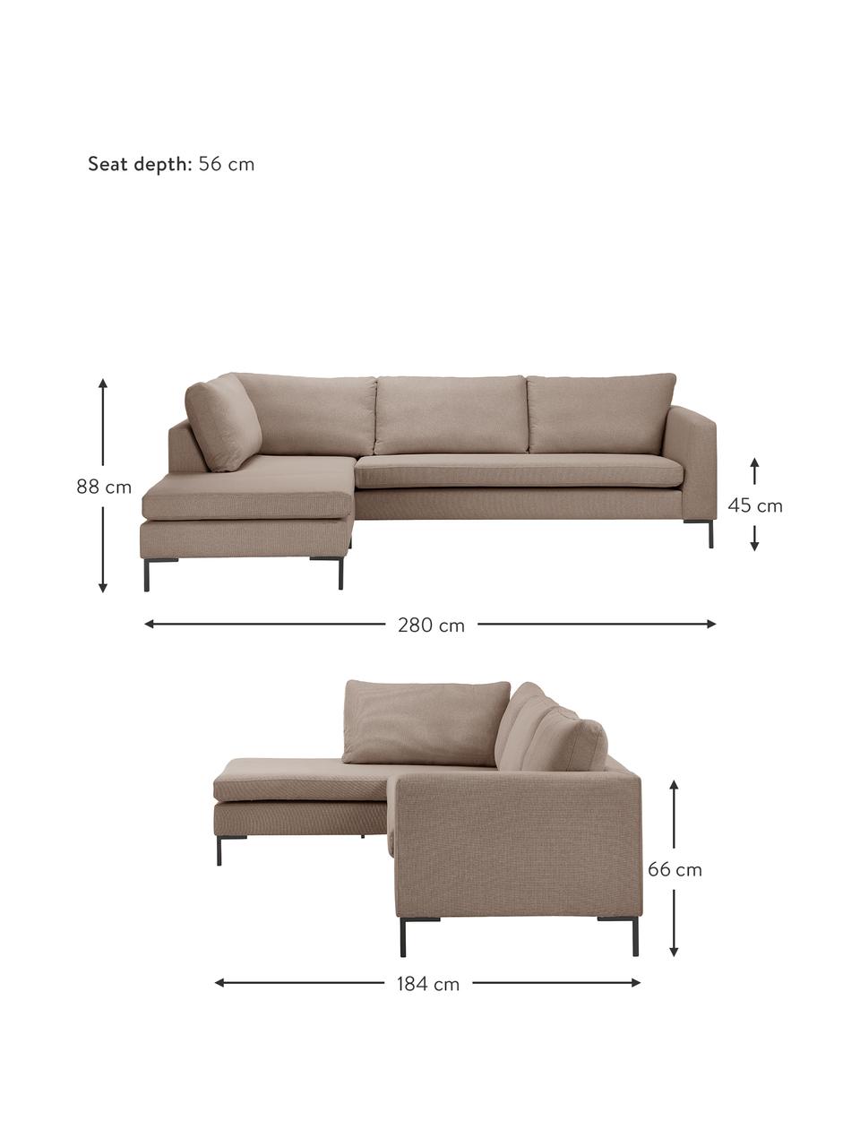 Canapé d'angle avec pieds en métal Luna, Tissu brun, larg. 280 x prof. 184 cm, méridienne à gauche