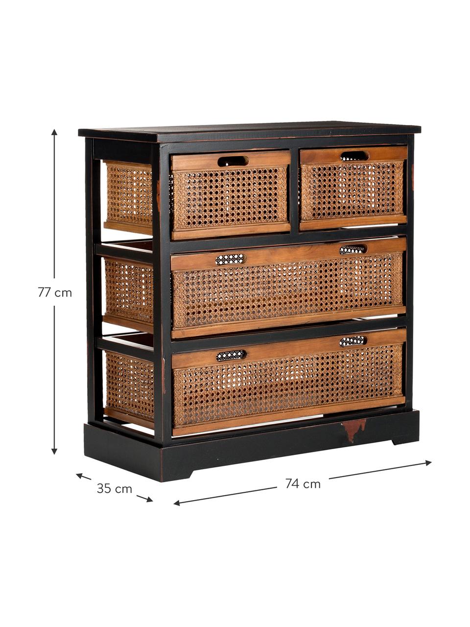 Cómoda cajonera de ratán Bantu, Estructura: madera de pino, pintado, Madera, negro, An 74 x Al 77 cm