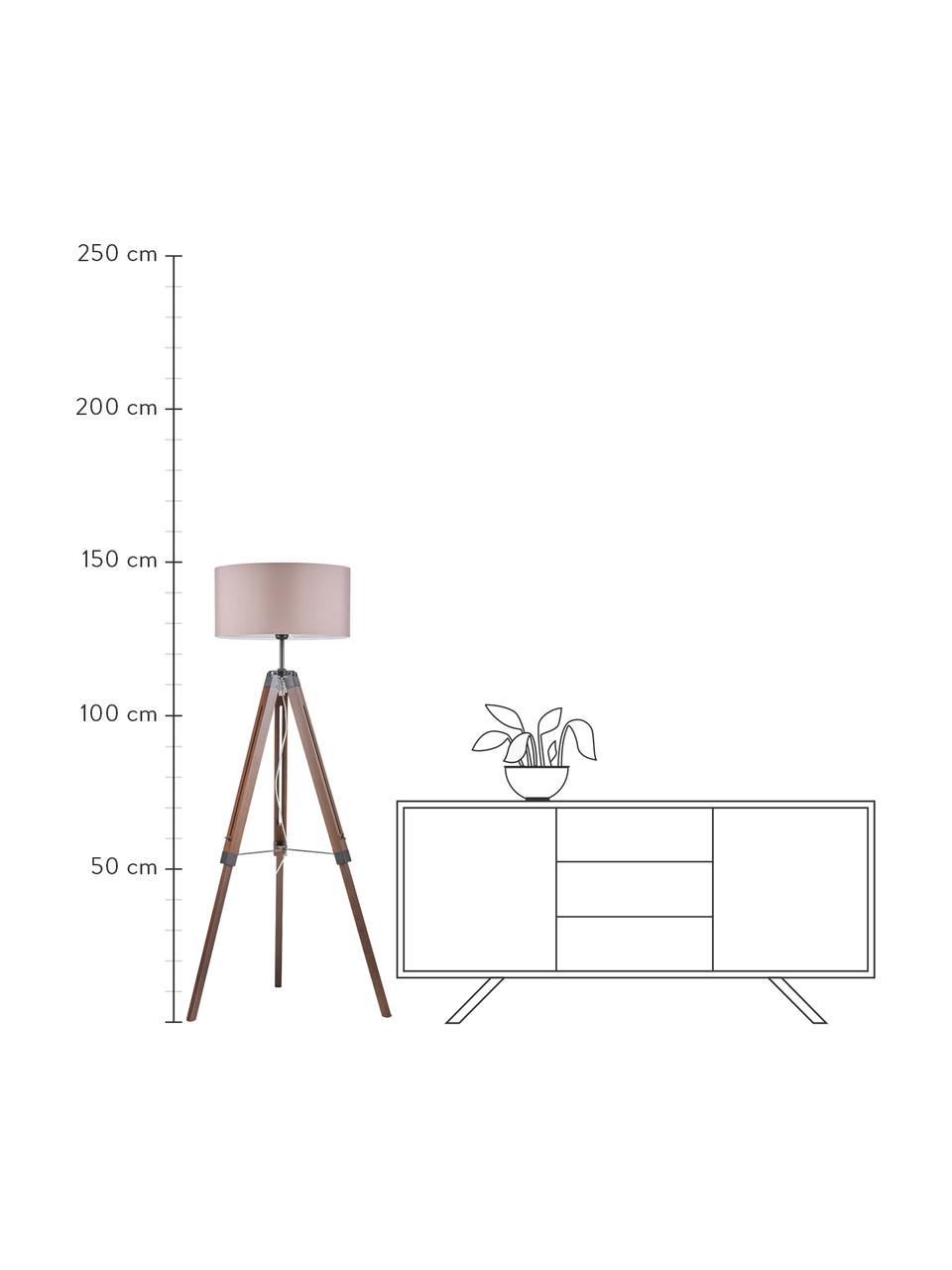 Stojacia tripod lampa z orechového dreva Josey, Podstavec: orechové drevo, čierna Tienidlo: sivobéžová