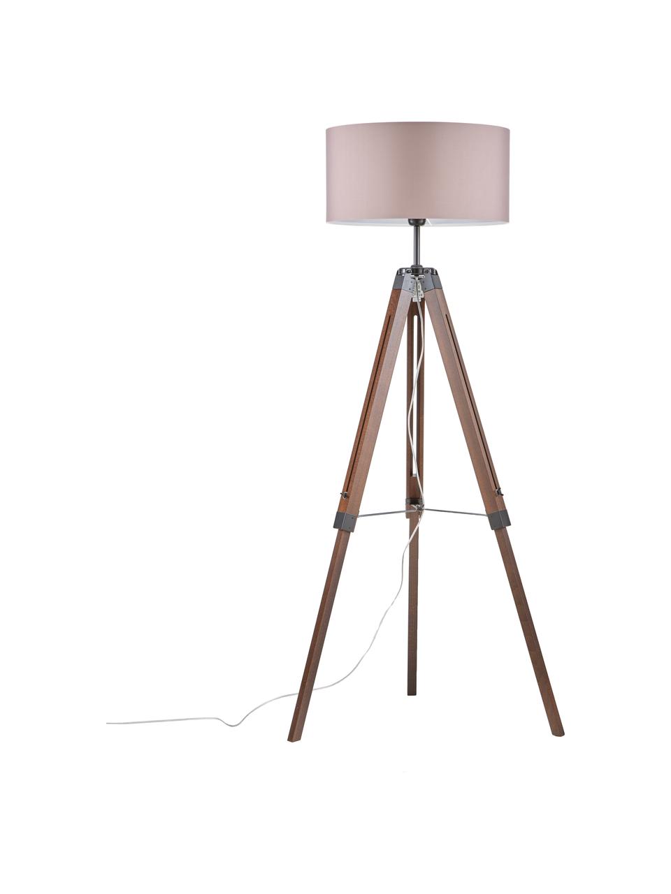 Stojacia tripod lampa z orechového dreva Josey, Podstavec: orechové drevo, čierna Tienidlo: sivobéžová