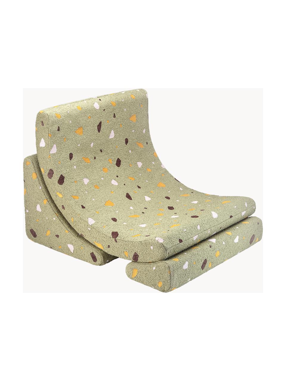 Handgefertigter Bouclé-Kindersessel Moon, Bouclé Olivgrün, Terrazzo-Optik, B 55 x T 80 cm