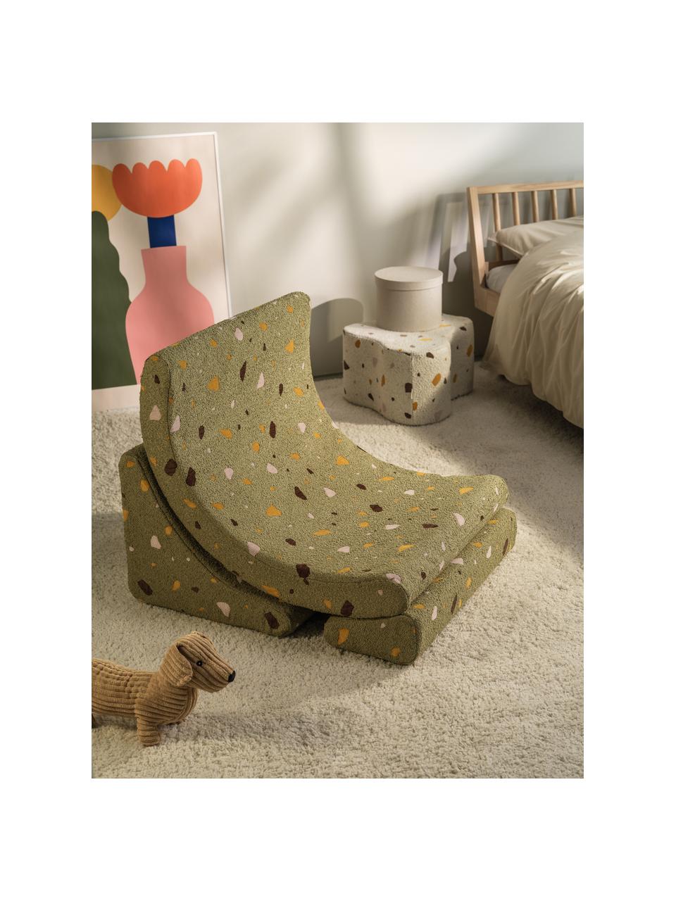 Fauteuil en bouclette pour enfants fait main Moon, Bouclette vert olive, aspect terrazzo, larg. 55 x haut. 80 cm