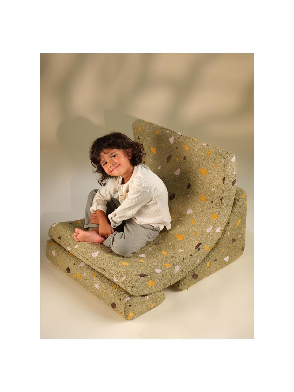 Fauteuil en bouclette pour enfants fait main Moon, Bouclette vert olive, aspect terrazzo, larg. 55 x haut. 80 cm