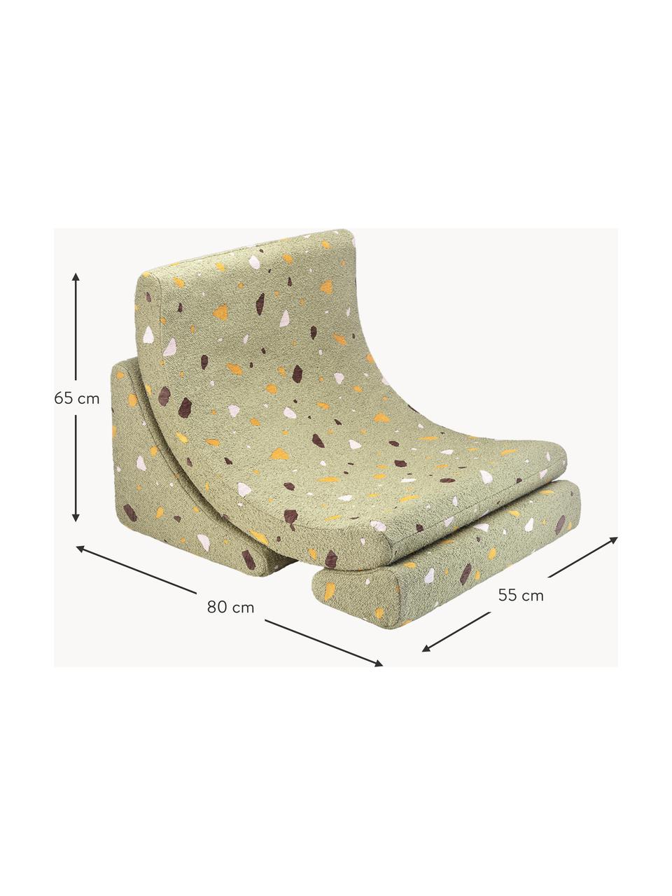 Handgefertigter Bouclé-Kindersessel Moon, Bouclé Olivgrün, Terrazzo-Optik, B 55 x T 80 cm