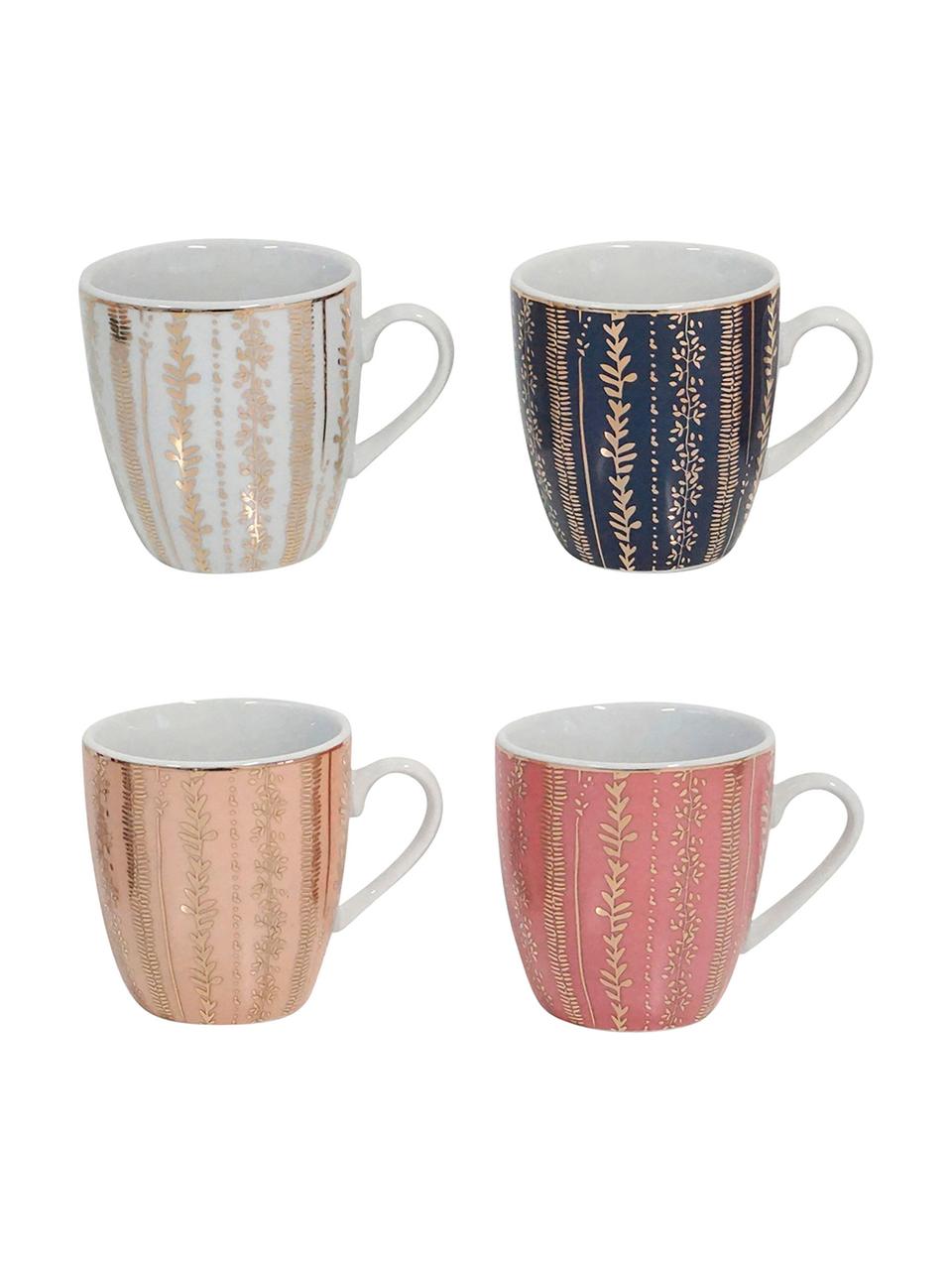 Kaffeetassen Veg-Gold mit Golddetails, 4er-Set, Porzellan, Rosa, Blau, Ø 7 x H 8 cm