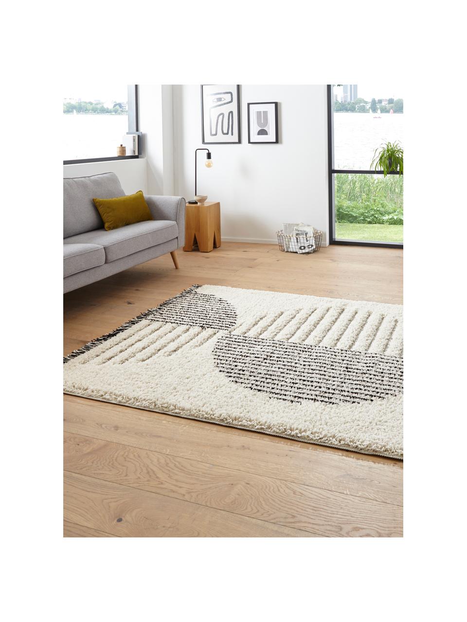 Hoogpolig vloerkleed Handira in crèmekleur/zwart met abstract patroon en franjes, 93% polypropyleen, 7% polyester, Beige, zwart, B 80 x L 150 cm (maat XS)