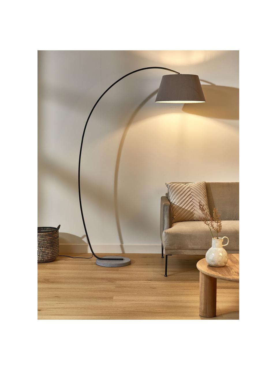 Lampada ad arco grande con finitura anticata Brok, Paralume: tessuto di flanella, Base della lampada: metallo, Marrone chiaro, grigio chiaro, Larg. 121 x Alt. 196 cm