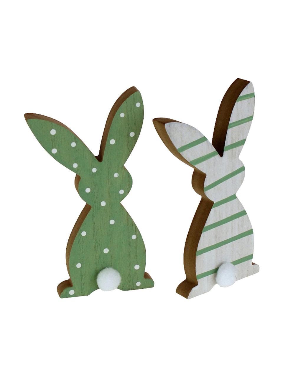 Set 2 coniglietti decorativi in legno Grino, Verde, bianco, legno chiaro, Larg. 11 x Alt. 20 cm