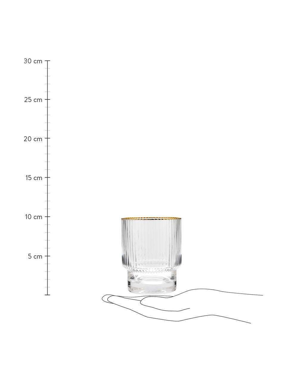 Ręcznie wykonana szklanka z ryflowanym reliefem Minna, 4 szt., Szkło dmuchane, Transparentny ze złotą krawędzią, Ø 8 x W 10 cm, 300 ml