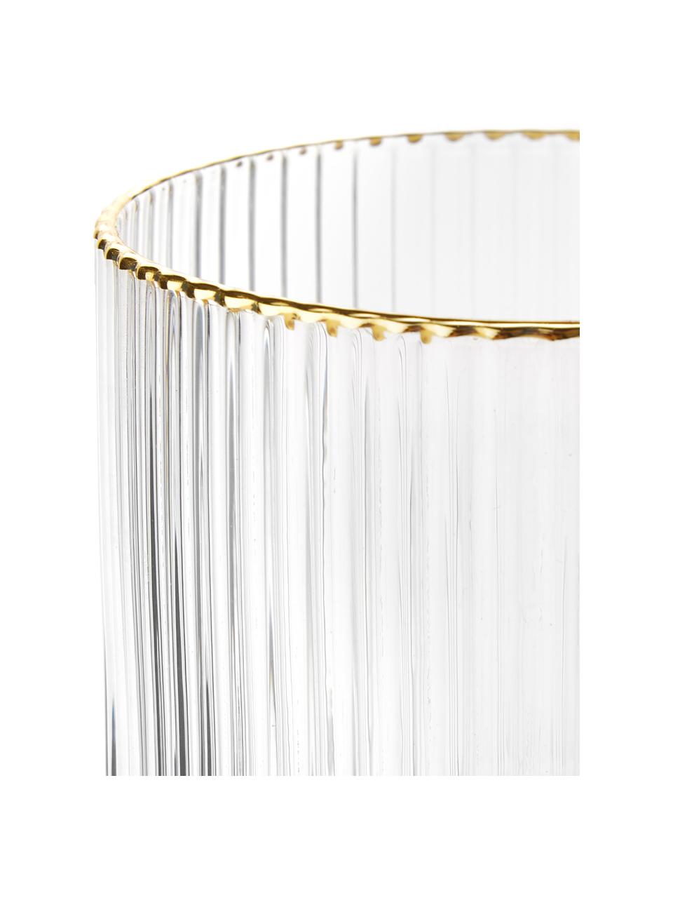 Ručně vyráběná sklenice s rýhovaným reliéfem a zlatým okrajem Minna, 4 ks, Foukané sklo, Transparentní se zlatým okrajem, Ø 8 cm, V 10 cm, 300 ml