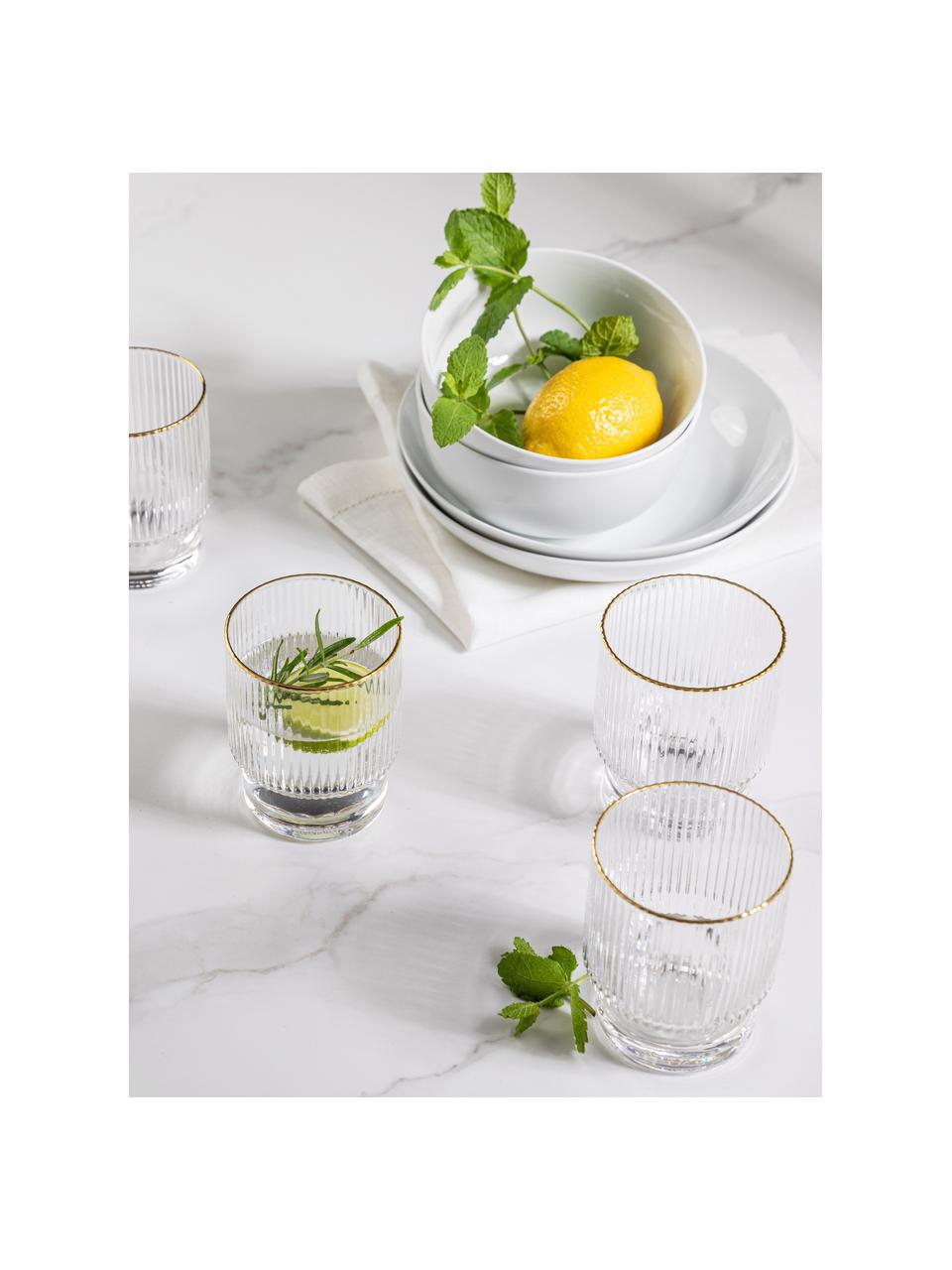 Verres à eau artisanaux avec bordure dorée Minna, 4 pièces, Verre, soufflé bouche, Transparent avec bordure dorée, Ø 8 x haut. 10 cm, 300 ml