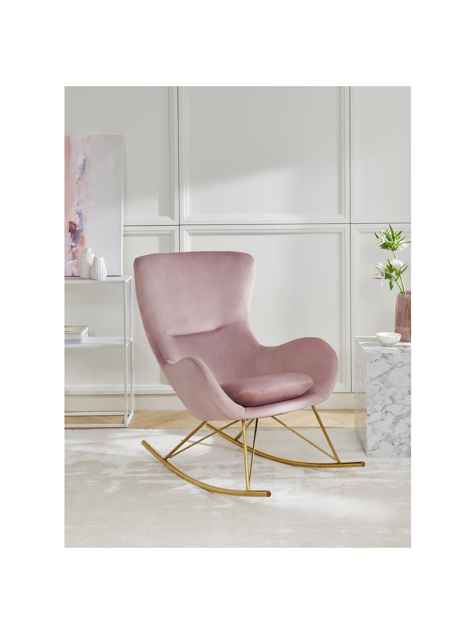 Fauteuil à bascule en velours avec pieds en métal Wing, Velours rose, doré, larg. 76 x prof. 108 cm