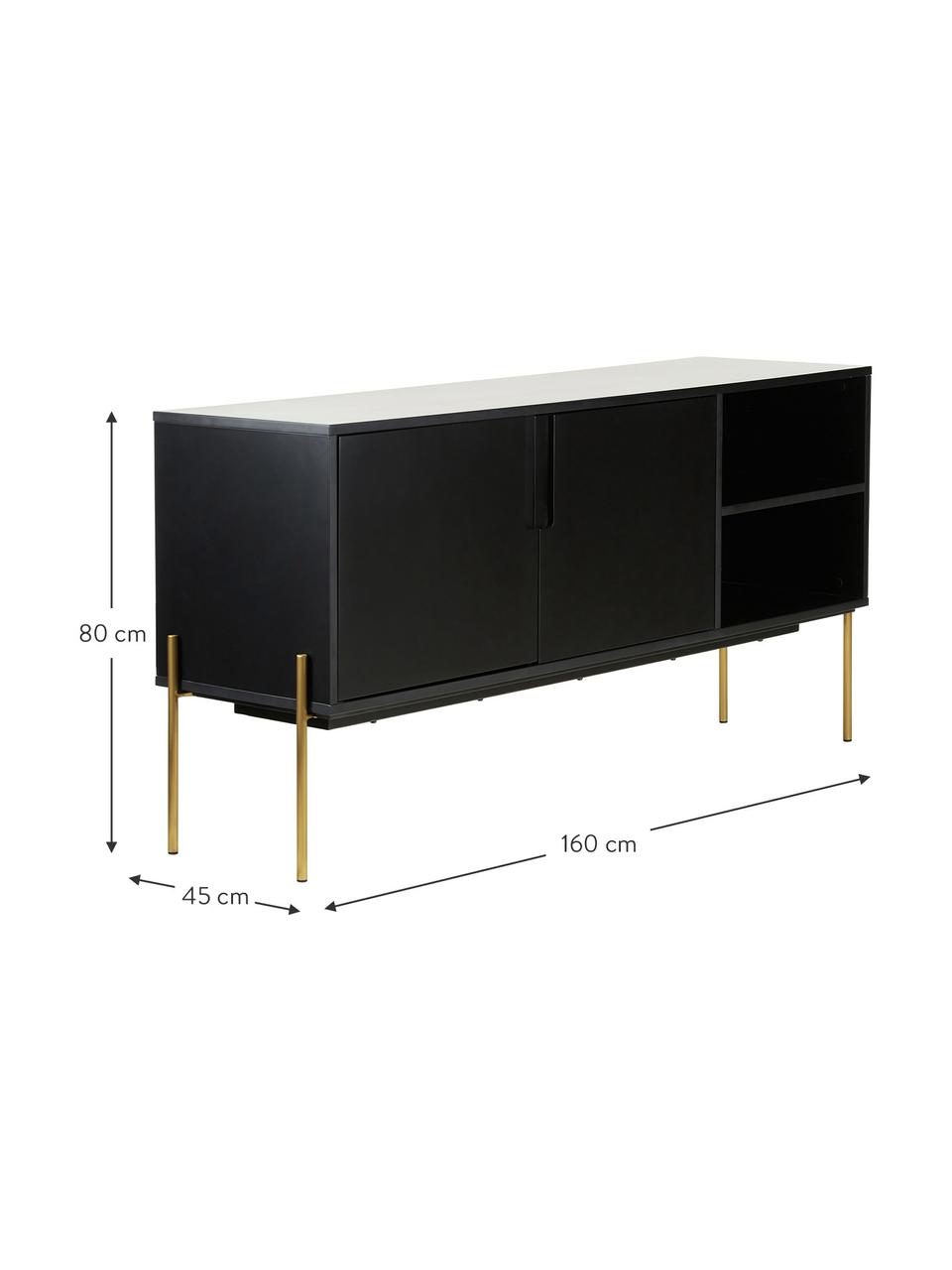 Aparador Jesper, Estructura: tablero de fibras de dens, Patas: metal pintado, Negro, dorado, An 160 x Al 80 cm