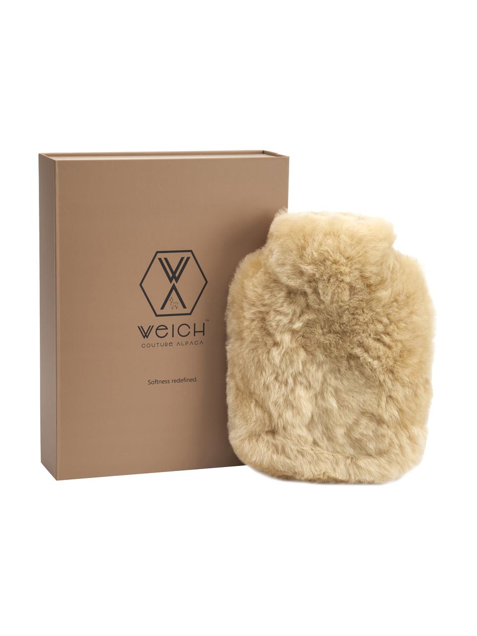 Bolsa de agua caliente artesanal de piel de alpaca Calmo, 1,8 L, Funda: piel de alpaca, Interior: termoplástico, Beige, Cama 80 cm (135 x 200 cm)
