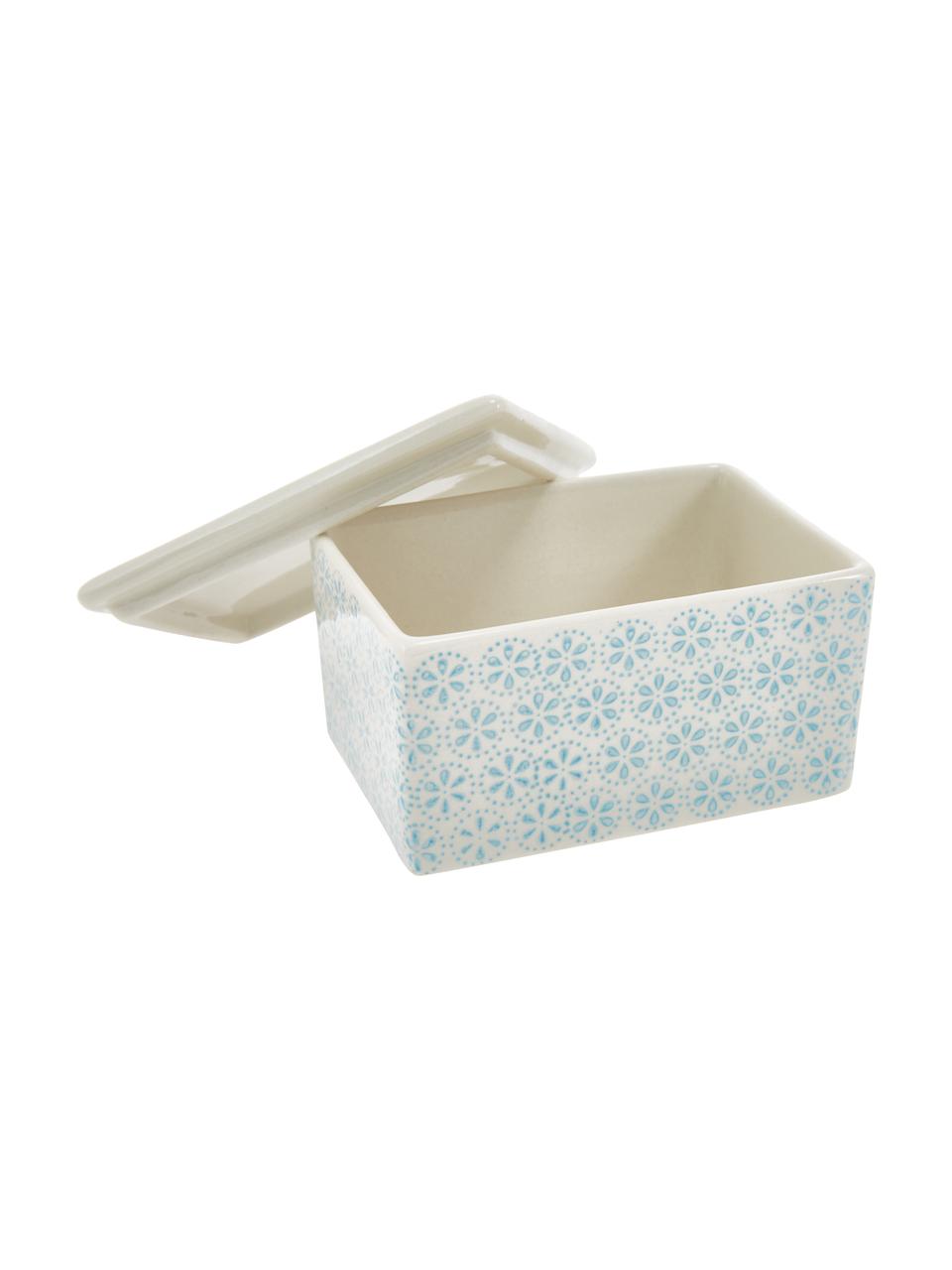 Handbeschilderde botervloot Patrizia met een speels patroon, Keramiek, Crèmewit, blauw, roze, B 13 x H 7 x D 9 cm