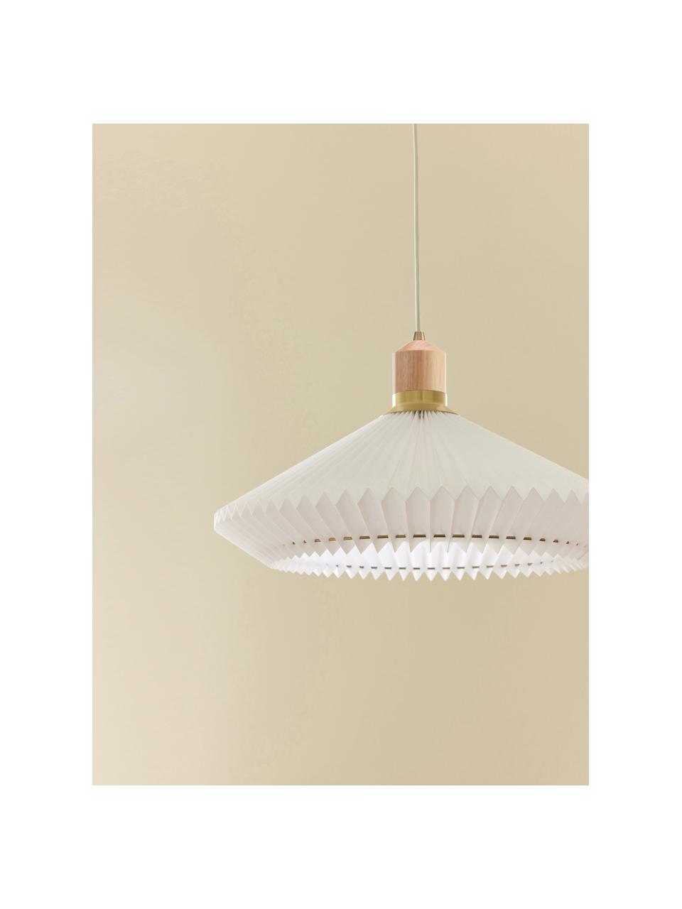 Kleine hanglamp Paris, Ø 24 cm, Lampenkap: kunstvezel, Decoratie: eikenhout, gecoat metaal, Wit, Ø 24 x H 15 cm