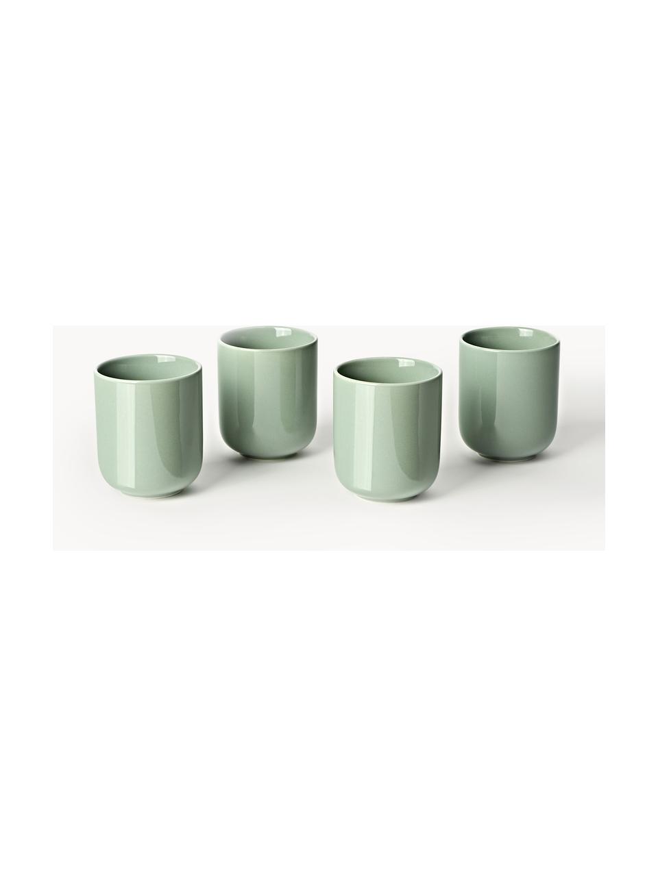 Tazas de porcelana Nessa, 4 uds., Porcelana dura de alta calidad, esmaltada, Verde salvia brillante, Ø 8 x Al 10 cm, 200 ml