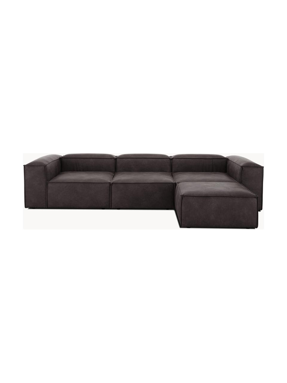 Modulaire bank Lennon (4-zits) van gerecycled leer met kruk, Bekleding: gerecycled leer (70% leer, Frame: massief hout, multiplex, Poten: kunststof, Leer taupe, B 327 x D 207 cm