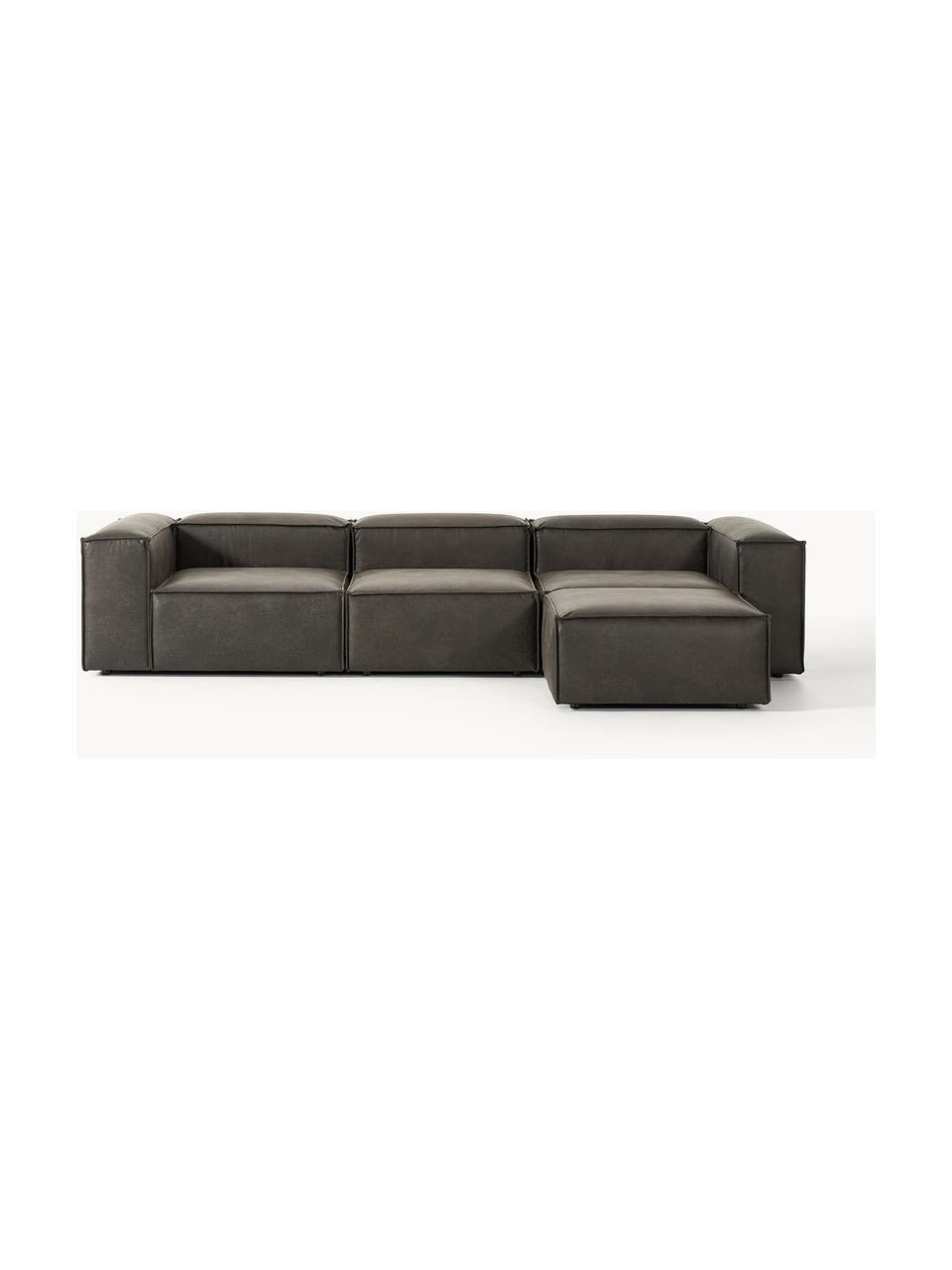 Modulares Sofa Lennon (4-Sitzer) aus recyceltem Leder mit Hocker (links/rechts), Bezug: Recyceltes Leder (70 % Le, Gestell: Massives Holz, Sperrholz, Füße: Kunststoff Dieses Produkt, Leder Taupe, B 329 x T 207 cm