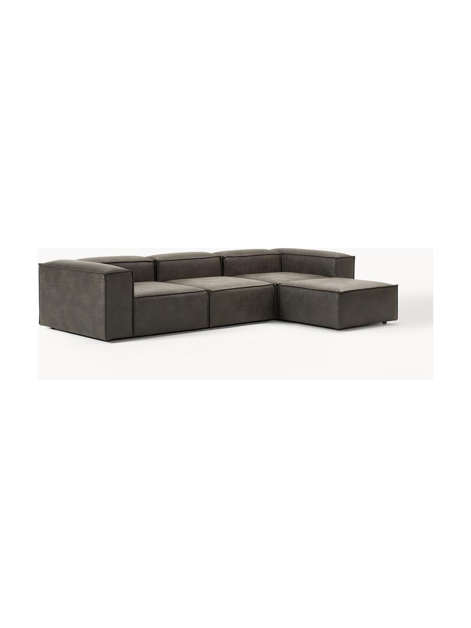 Modulaire bank Lennon (4-zits) van gerecycled leer met kruk, Bekleding: gerecycled leer (70% leer, Frame: massief hout, multiplex, Poten: kunststof Dit product is , Leer taupe, B 327 x D 207 cm