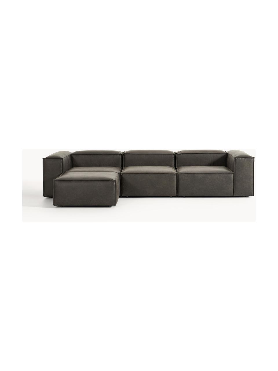 Modulares Sofa Lennon (4-Sitzer) aus recyceltem Leder mit Hocker (links/rechts), Bezug: Recyceltes Leder (70 % Le, Gestell: Massives Holz, Sperrholz, Füße: Kunststoff Dieses Produkt, Leder Taupe, B 329 x T 207 cm