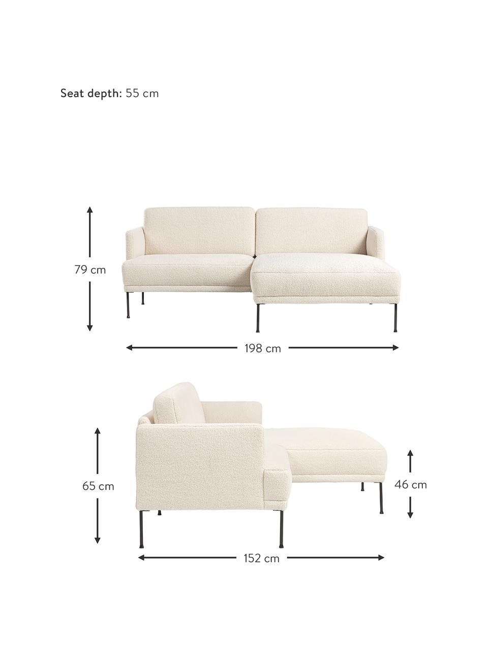 Sofa narożna z metalowymi nogami Fluente, Tapicerka: 100% poliester Dzięki tka, Stelaż: lite drewno sosnowe z cer, Nogi: metal malowany proszkowo, Kremowobiały Teddy, S 198 x G 152 cm, prawostronna