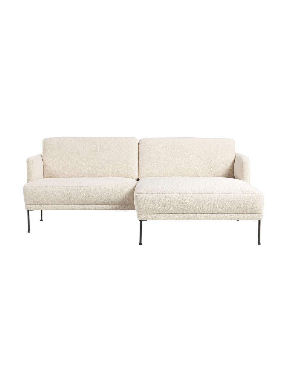 Sofa narożna z metalowymi nogami Fluente, Tapicerka: 100% poliester Dzięki tka, Stelaż: lite drewno sosnowe z cer, Nogi: metal malowany proszkowo, Kremowobiały Teddy, S 198 x G 152 cm, prawostronna