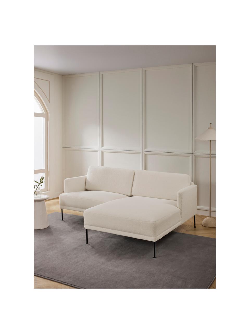 Kleines Ecksofa Fluente aus Teddystoff, Bezug: 100 % Polyester Der strap, Gestell: Massives Kiefernholz, Bir, Füße: Metall, pulverbeschichtet, Teddy Off White, B 198 x T 152 cm, Eckteil links