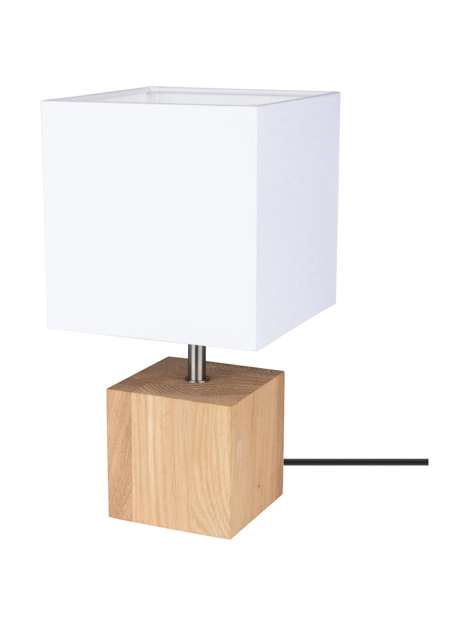 Lámpara de mesa pequeña de roble Trongo, Pantalla: tela, Cable: plástico, Beige, blanco, An 15 x Al 30 cm