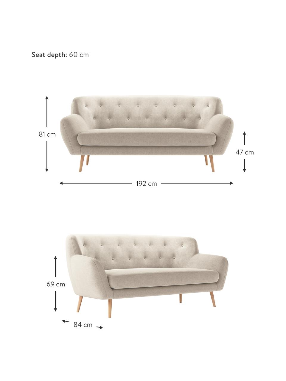 Sofá Mica (3 plazas), Tapizado: poliesto con tacto de lin, Estructura: madera de pino maciza, ma, Patas: madera de abedul, Beige claro, An 192 x F 84 cm