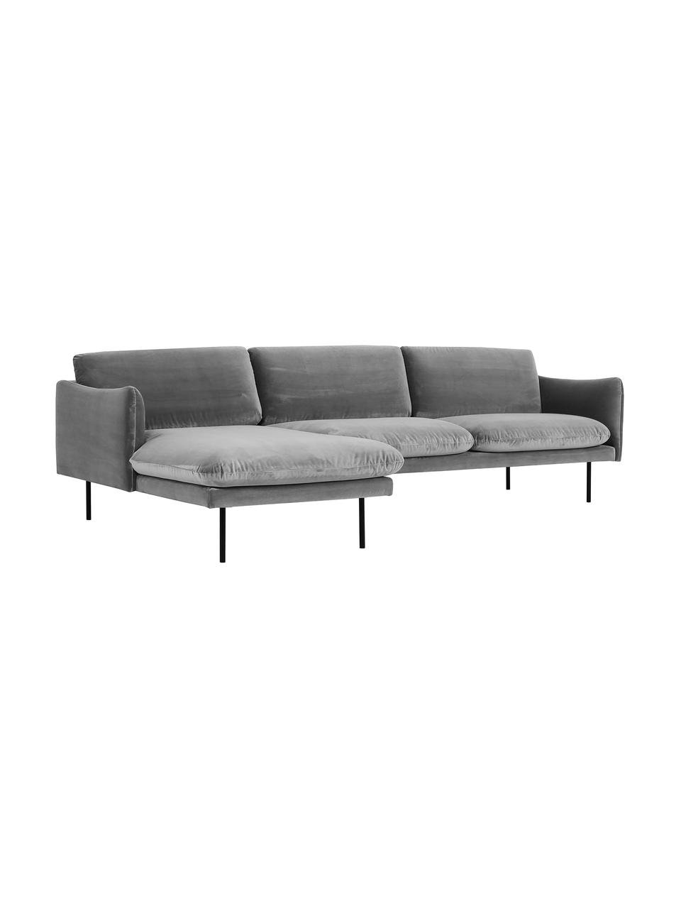 Canapé d'angle en velours pieds en métal Moby, Velours gris, larg. 280 x prof. 160 cm, méridienne à gauche