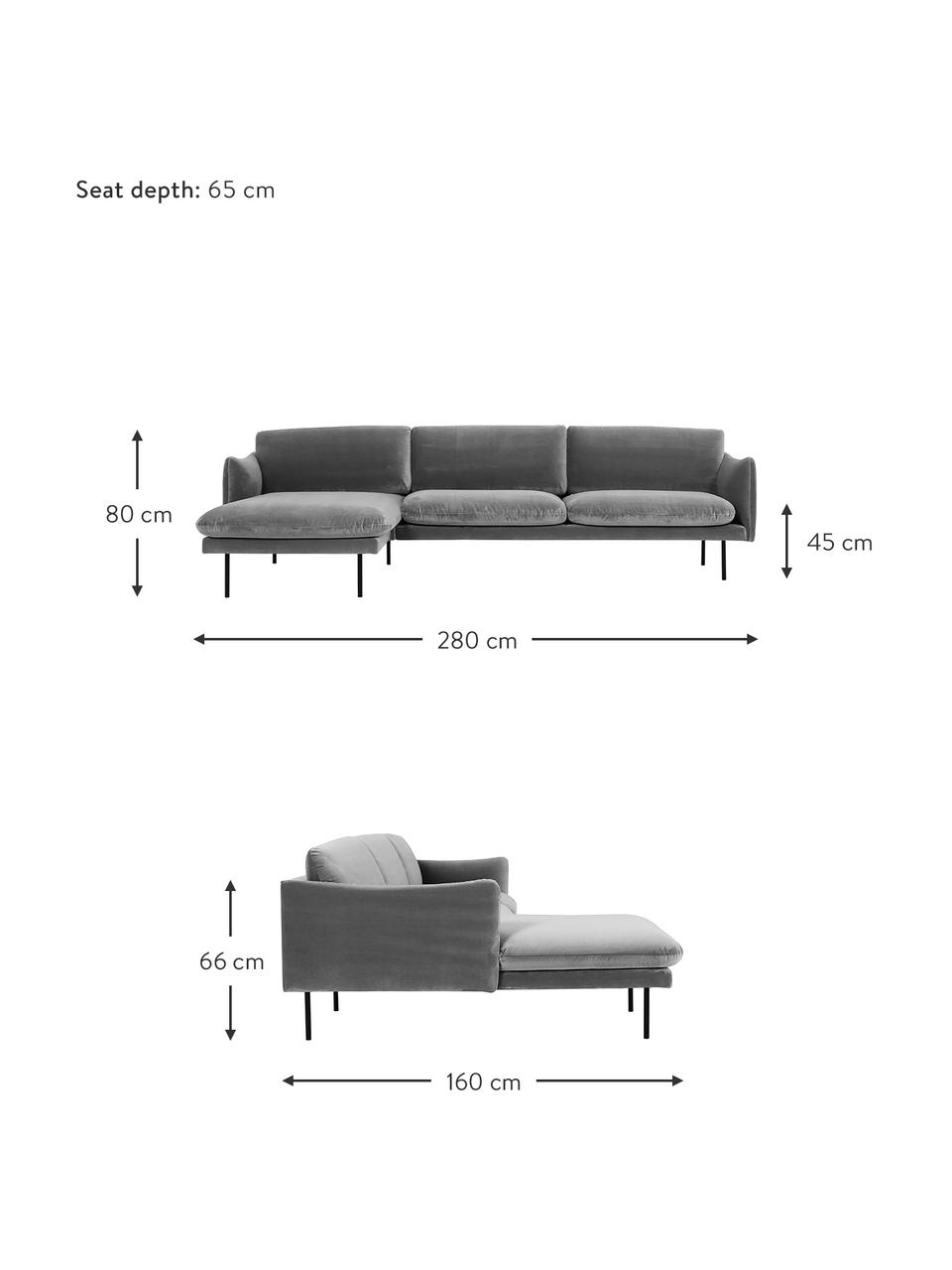 Divano angolare in velluto con piedini in metallo Moby, Rivestimento: velluto (rivestimento in , Struttura: legno di pino massiccio, , Piedini: metallo, verniciato a pol, Velluto grigio, Larg. 280 x Prof. 160 cm, chaise-longue a sinistra