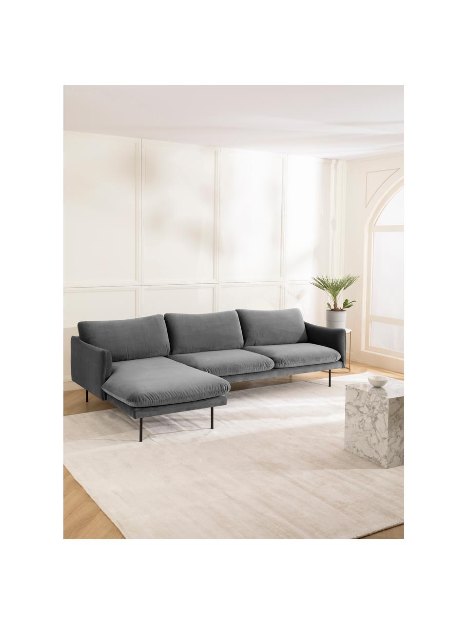Sofa narożna z aksamitu Moby, Tapicerka: aksamit (wysokiej jakości, Stelaż: lite drewno sosnowe z cer, Nogi: metal malowany proszkowo, Szary aksamit, S 280 x G 160 cm, prawostronna
