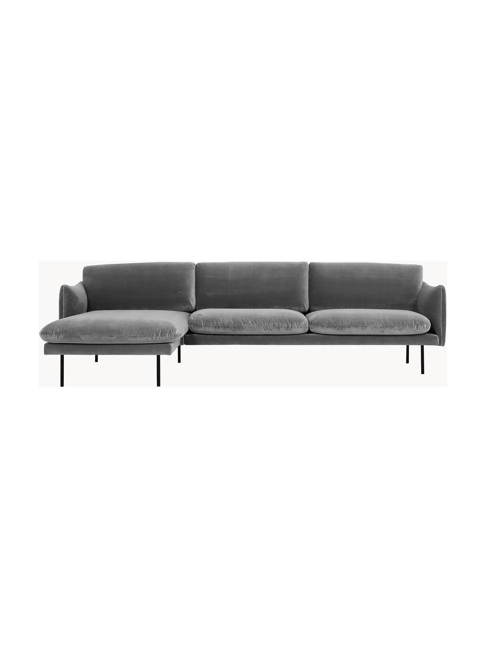 Sofa narożna z aksamitu Moby, Tapicerka: aksamit (wysokiej jakości, Stelaż: lite drewno sosnowe z cer, Nogi: metal malowany proszkowo, Szary aksamit, S 280 x G 160 cm, prawostronna