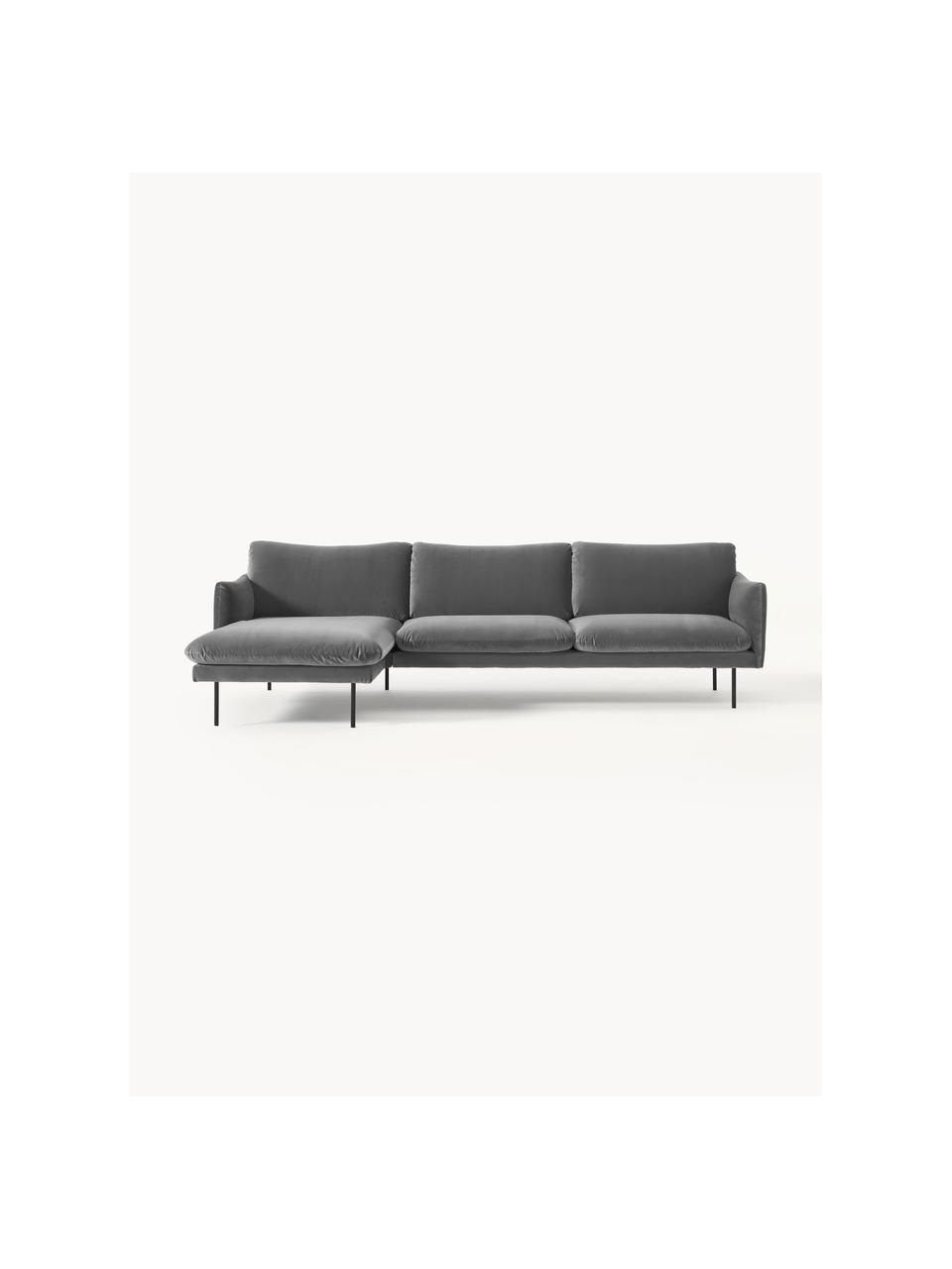 Sofa narożna z aksamitu Moby, Tapicerka: aksamit (wysokiej jakości, Stelaż: lite drewno sosnowe, skle, Nogi: metal malowany proszkowo , Szary aksamit, S 280 x G 160 cm, lewostronna