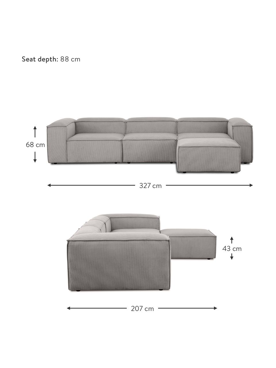 Sofá rinconera modular de pana Lennon (4 plazas), Tapizado: pana (92% poliéster, 8% p, Estructura: madera de pino maciza, ma, Patas: plástico, Pana gris, An 327 x F 207 cm