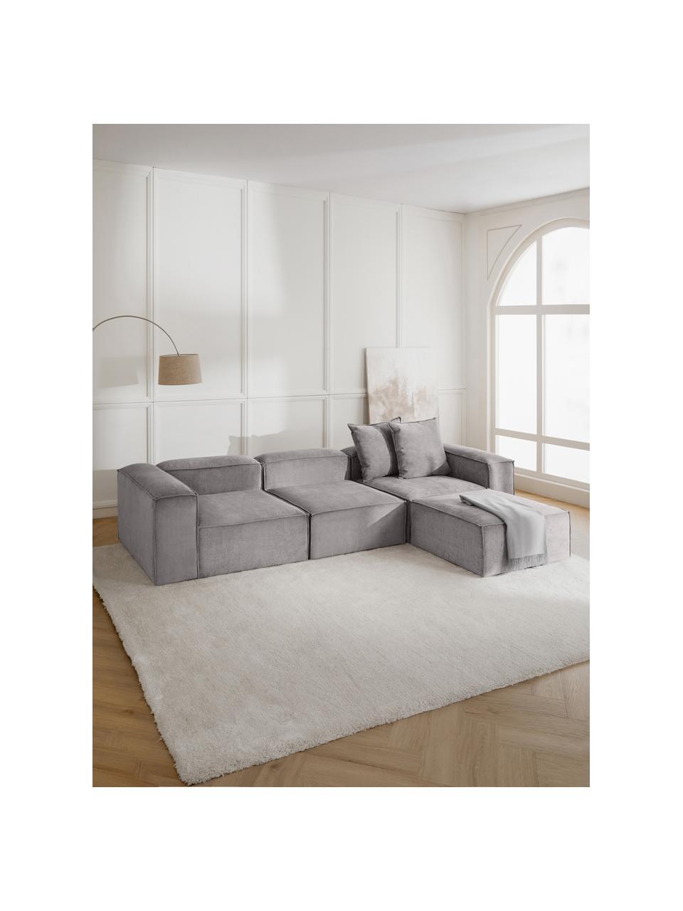 Canapé modulable 4 places en velours côtelé avec pouf Lennon, Velours côtelé gris, larg. 327 x prof. 207 cm