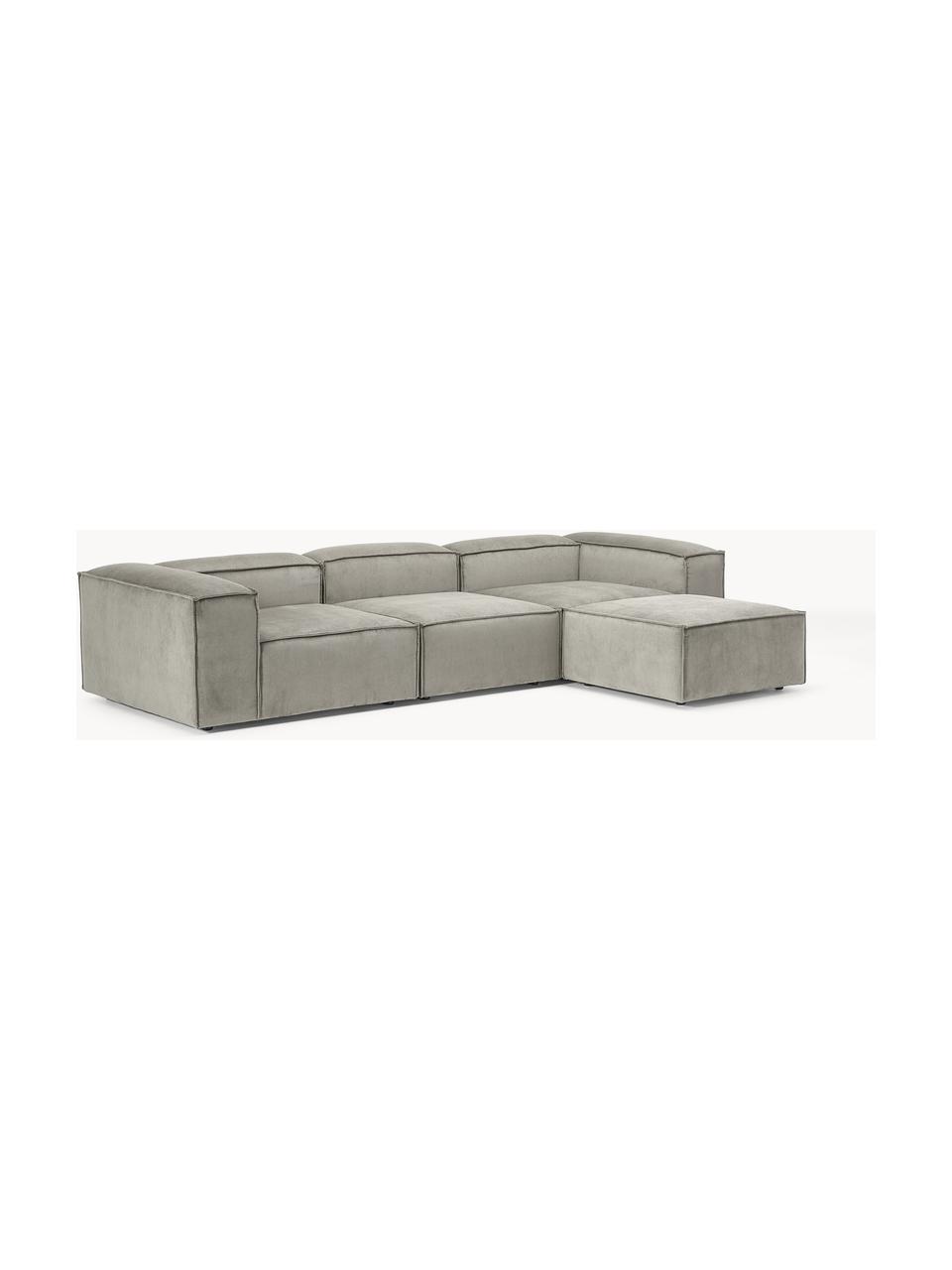 Modulares Sofa Lennon (4-Sitzer) aus Cord mit Hocker (links/rechts), Bezug: Cord (92 % Polyester, 8 %, Gestell: Massives Kiefernholz, Spe, Füße: Kunststoff Dieses Produkt, Cord Grau, B 329 x T 207 cm