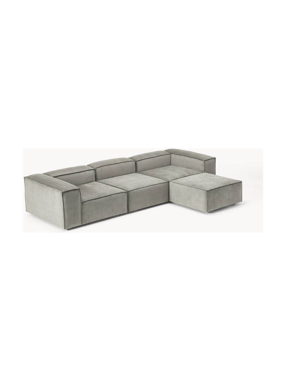 Modulares Sofa Lennon (4-Sitzer) aus Cord mit Hocker (links/rechts), Bezug: Cord (92 % Polyester, 8 %, Gestell: Massives Kiefernholz, Spe, Füße: Kunststoff Dieses Produkt, Cord Grau, B 329 x T 207 cm