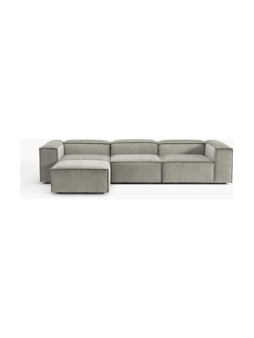 Modulares Sofa Lennon (4-Sitzer) aus Cord mit Hocker (links/rechts), Bezug: Cord (92 % Polyester, 8 %, Gestell: Massives Kiefernholz, Spe, Füße: Kunststoff Dieses Produkt, Cord Grau, B 329 x T 207 cm