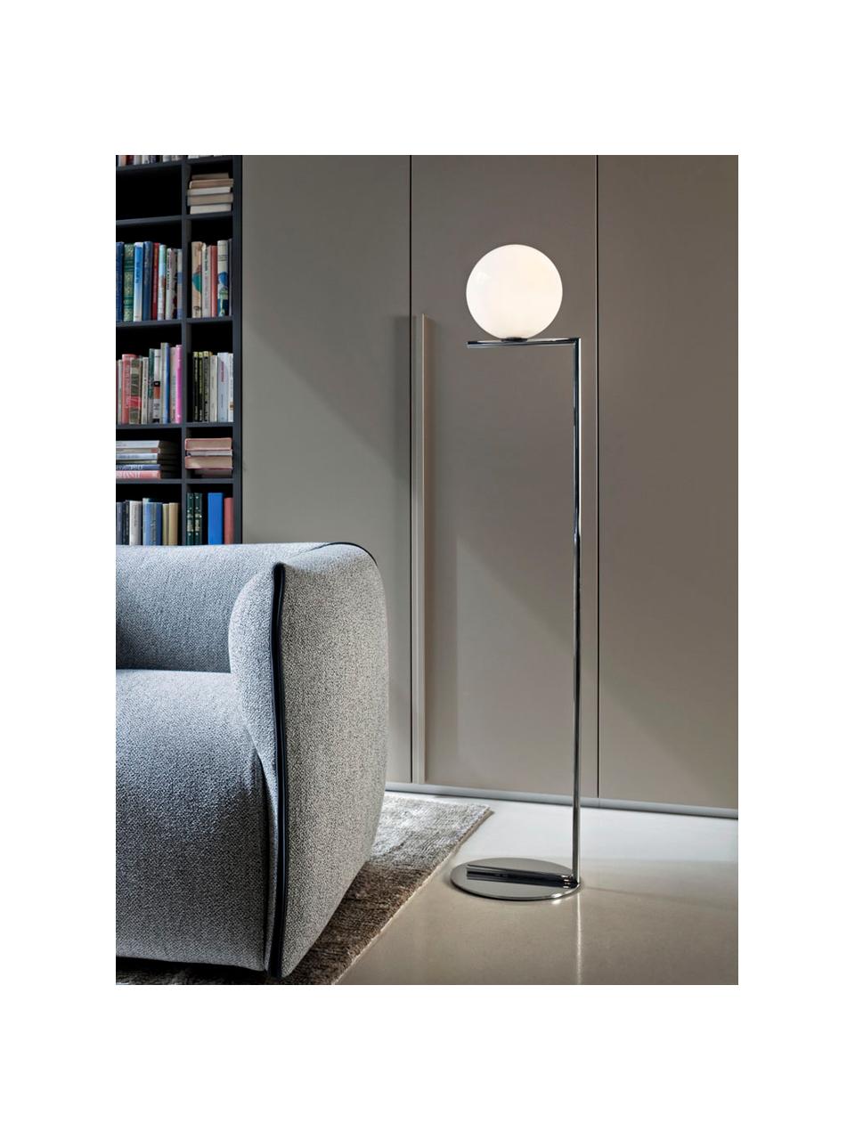 Lámpara de pie regulable IC Lights, Pantalla: vidrio, Estructura: metal recubierto, Cable: plástico, Plateado, Al 135 cm